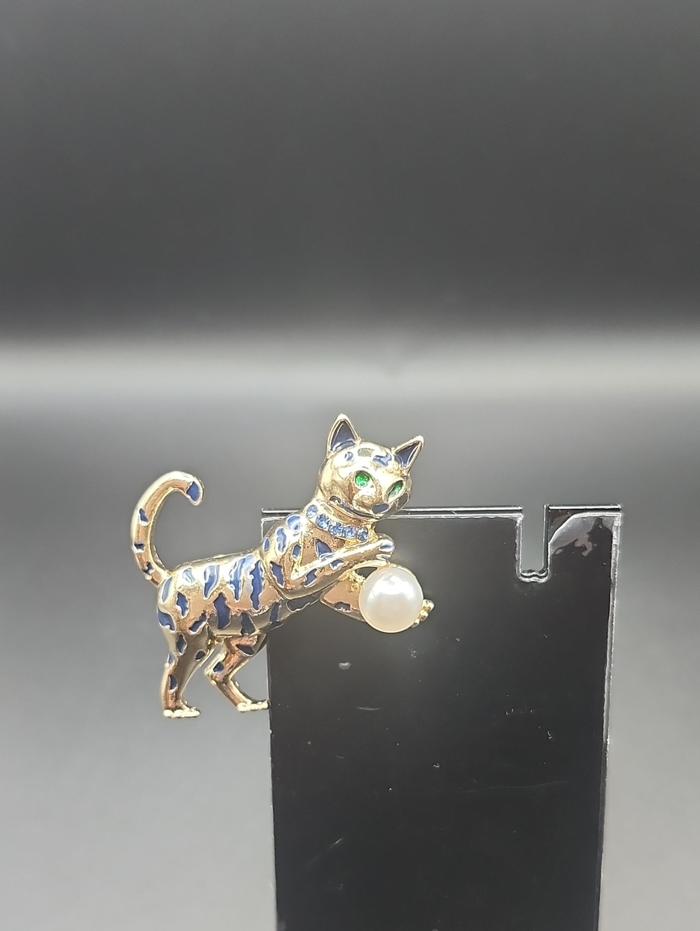 Gold-tone Blue Enamel Cat Brooch with Pearl Accent